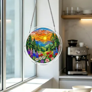 Stained glass style acrylic suncatcher window hanging pendant with scenic mountain flower art.