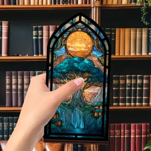 Inserto per angolo libri trasparente con design ad albero in vetrata per scaffale.