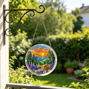 Round acrylic suncatcher window hanging with beautiful landscape stained glass decor.