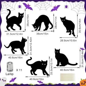 Halloween black cat yard stakes detail dimensions showing sizes of decorative silhouettes and lamps.
