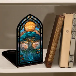 Fermalibri con albero in vetrata artistica arco gotico inserto per libreria decorativo