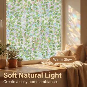 Detail view of rainbow window film showing green leaf pattern and cozy sunny window ambiance.