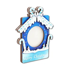 Wooden Christmas photo frame magnetic fridge magnet holiday home decor 3D snowman design