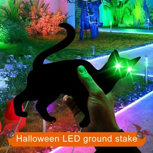 Halloween LED black cat ground stake yard decoration glowing green eyes spooky garden prop