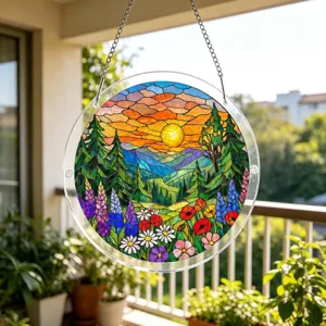 Acrylic stained glass suncatcher hanging window decor with landscape forest sunset design.