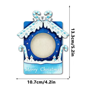 Wooden Christmas magnetic photo frame detail featuring cute snowman and festive holiday decor.