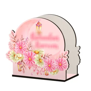 Houten servettenhouder met roze bloemdesign, gebogen tafelorganizer voor decoratie.