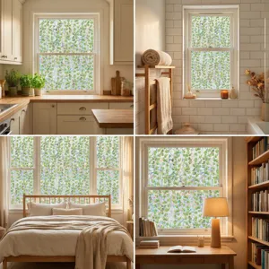 Detailed view of decorative green leaf pattern window film in various home room scenes.