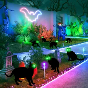 Halloween garden black cat stakes outdoor yard decoration with glowing green eyes for spooky party