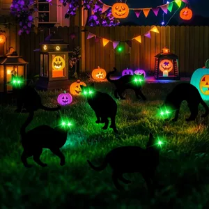 Halloween black cat garden stakes with glowing green eyes for outdoor yard lawn holiday decor.