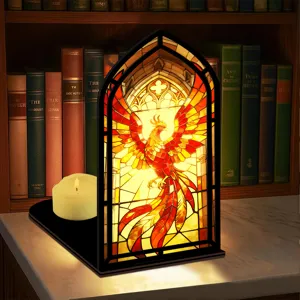 Inserto per libreria angolo lettura fenice in vetrata luminosa, fermalibri gotico decoro.