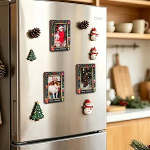Christmas wooden magnetic photo frame fridge sticker set for holiday kitchen decoration.