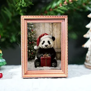 Kerst panda fotolijst koelkastmagneet, houten decoratieve magnetische sticker.