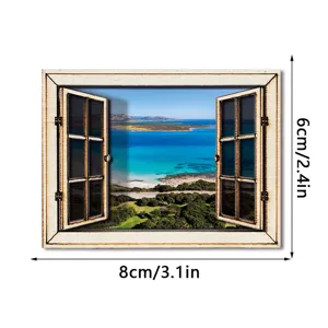 Houten magnetische koelkaststicker 3D nepraam ontwerp met prachtige zeelandschap 8x6cm