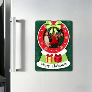 Christmas wooden magnetic photo frame fridge sticker with cute gift box and festive design.