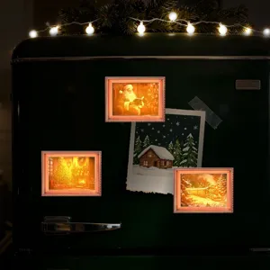 Kerst glowing fotolijst koelkastmagneet, houten decoratieve magnetische sticker voor vakantie.