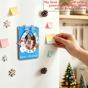 Detail view of the wooden Christmas magnetic photo frame showing strong magnetic back and festive design.