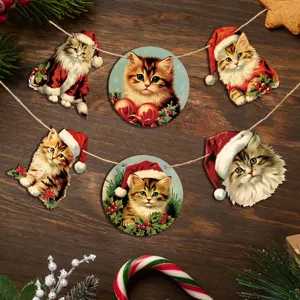 Ghirlanda di gatti in legno di Natale, festone vintage festivo con gatti per decorare.