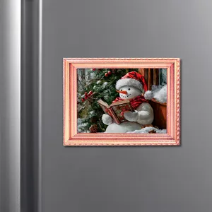 Kerst fotolijst koelkastmagneet, schattige sneeuwman leest boek, houten magnetische decoratie.