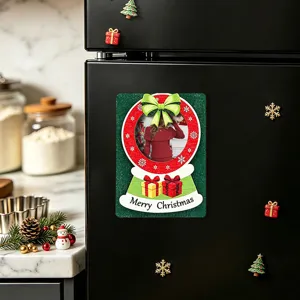 Christmas magnetic photo frame detail, wooden holiday fridge sticker decoration for home kitchen.