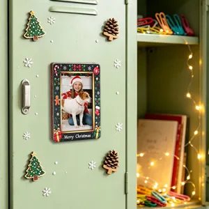 Wooden Christmas magnetic photo frame for locker fridge decoration holiday scene detail.