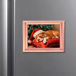 Kerst houten magnetische koelkastmagneet met een schattige slapende hond fotolijst.
