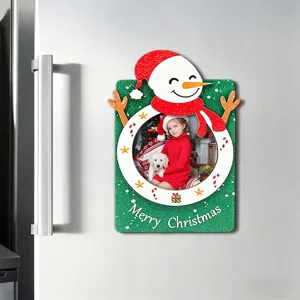 Wooden 3D Christmas magnetic photo frame fridge sticker, festive snowman holiday home decor detail.