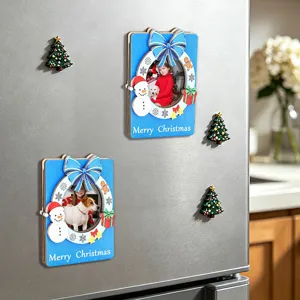 Christmas wooden magnetic photo frame fridge magnet, 3D holiday home kitchen decor set.