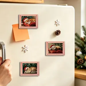 Christmas luminous photo frame fridge magnets, festive wooden decorative magnetic stickers.