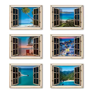 3D houten magnetische koelkast sticker nep raam landschap mooie uitzichten set van 6
