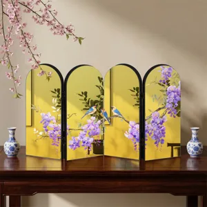 Chinese style acrylic folding screen tabletop ornament with elegant floral and bird mirror design.