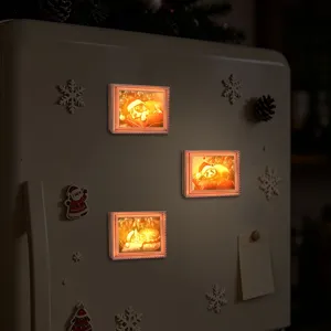 Christmas glowing photo frame fridge magnet, wooden magnetic holiday decor for kitchen.