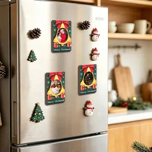 Wooden Christmas photo frame fridge magnets decorative holiday magnetic stickers for home