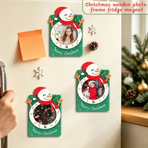 Christmas wooden photo frame fridge magnet set, festive snowman design for home decor.
