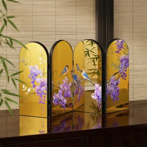 Decorative acrylic folding screen tabletop display featuring traditional Chinese floral and bird art.