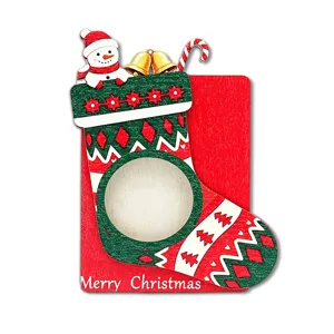Christmas stocking wooden magnetic photo frame fridge magnet with cute snowman holiday decor.
