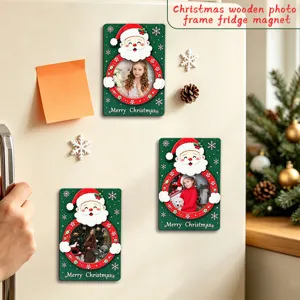 Christmas wooden photo frame fridge magnet, 3D festive magnetic decor for home kitchen.