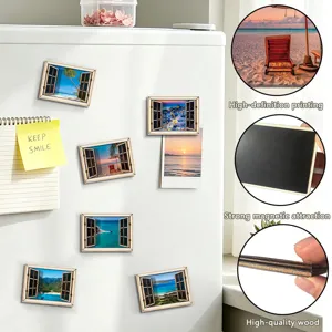 3D houten magnetische koelkaststicker met raam landschap ontwerp, sterke magneet en kwaliteit.