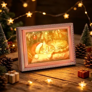 Christmas Luminous Wooden Picture Frame Refrigerator Magnet Festive Decorative Magnetic Fridge Sticker Panda Dog Cat
