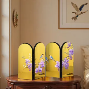 Decorative mini 4-panel folding screen acrylic tabletop ornament with wisteria flower art.