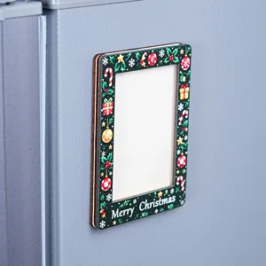 Christmas wooden magnetic photo frame detail view, holiday fridge decor and memo holder.