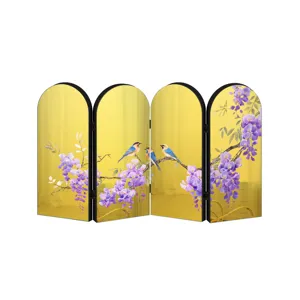 Chinese style acrylic folding screen tabletop ornament wisteria bird gold mirror decor