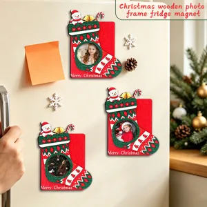 Christmas wooden photo frame fridge magnet set, perfect holiday kitchen decor item.