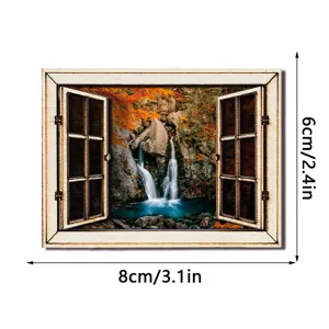 3D houten magnetische koelkaststicker nep raam herfst waterval landschap decor