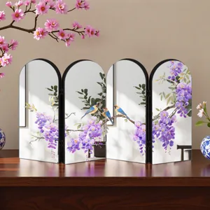 Creative tabletop 4-panel arched folding screen decorative piece with floral bird design.