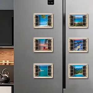 3D houten magnetische koelkaststickers met een prachtig uitzicht op het vensterlandschap.