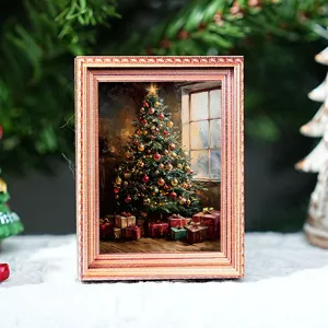 Houten kerst fotolijst koelkastmagneet detailweergave, rustiek kerstboom schilderij ontwerp.