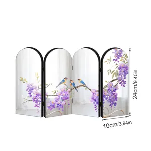 Miniature Chinese style room divider screen desktop decor with floral bird print and mirror panels.