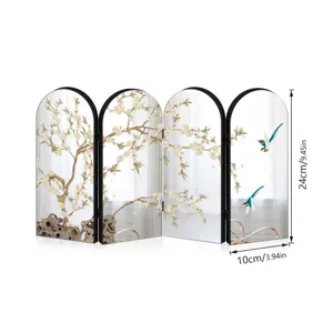 Miniature 4-panel folding screen desktop ornament with traditional floral bird art design.