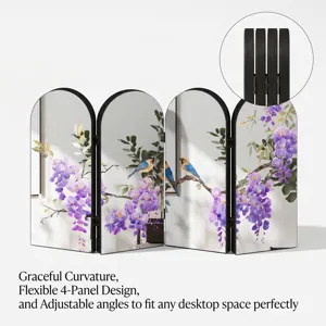 4-panel decorative folding mirror screen with elegant floral bird design for desktop decor